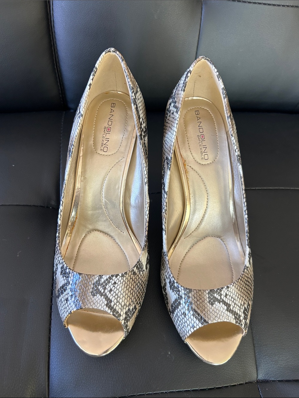 Bandolino Snake-Print Peep-Toe Heels in Tan and Black